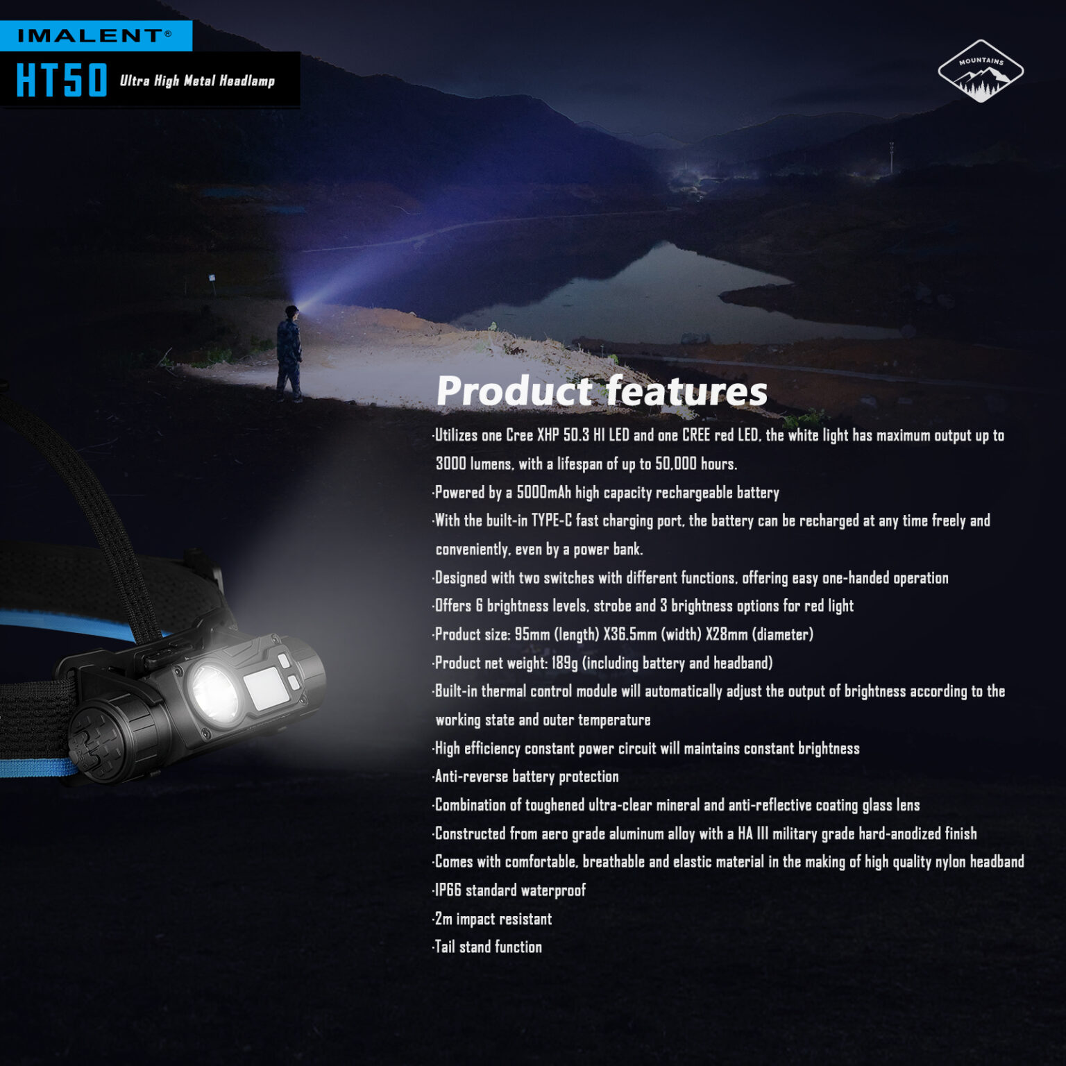 LED Headlamp Imalent HT50 – Wiederaufladbare High Power Kopflampe