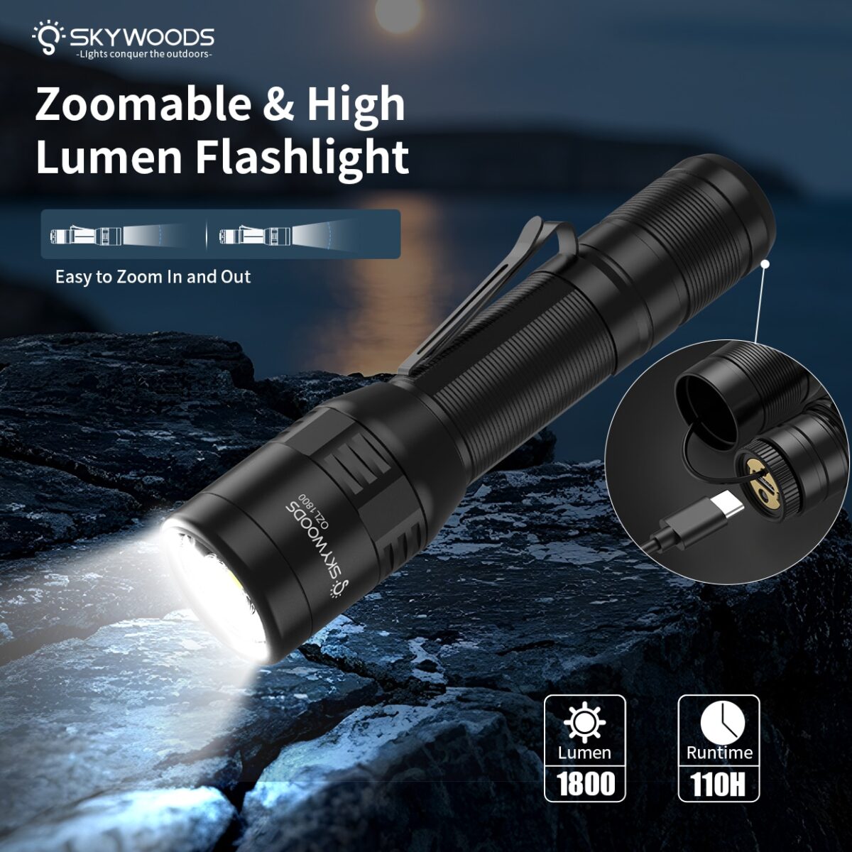 Skywoods OZL1800 Profi Outdoorlampe – Zoombare LED-Taschenlampe mit USB-C